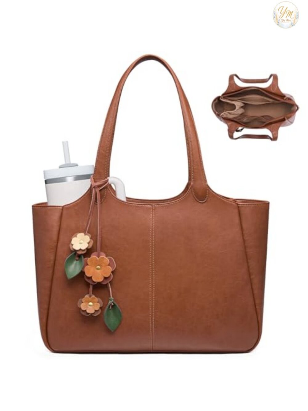 Faux Leather Tote with 40oz Cup Holder, Work Bag